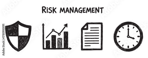 Hand-drawn black and white icons featuring a shield, bar chart with arrows, document, and clock, representing concepts of risk management and data analysis.
