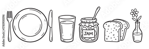 Black outline drawing of a breakfast setup featuring a plate, cutlery, glass of milk, jar of jam, slices of bread, and a small vase with a flower.