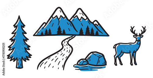 Hand-drawn elements featuring a snow-capped mountain range, a meandering river, a tall pine tree, a grazing deer, and boulders in simplistic blue and black design.