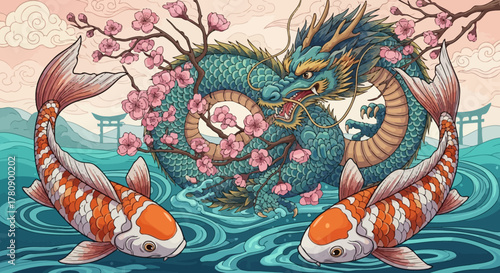 A Mythical Encounter: Dragon Encircling Blossoms with Koi Fish in Tranquil Waterscape