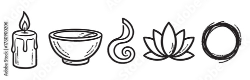Black outline icons of a candle, bowl, abstract swirl, lotus flower, and circular brushstroke, representing relaxation and meditation elements.