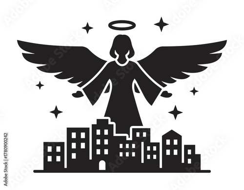 Simple black silhouette illustration of an angel with wings and halo hovering above a cityscape of buildings, surrounded by stars.