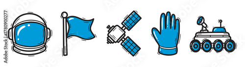 Illustrated icons of a space helmet, flag, satellite, glove, and rover in a hand-drawn style with blue accents.