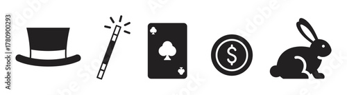 Black silhouette icons of a top hat, magic wand, playing card, coin, and rabbit, symbolizing classic magic and illusion themes.