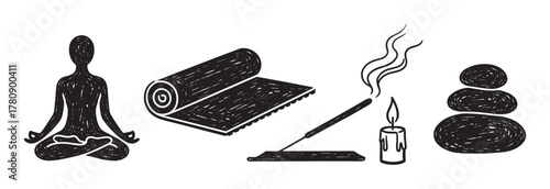 Black outline vector icons of yoga essentials including a meditating figure, a rolled yoga mat, an incense stick with a candle, and stacked stones for relaxation.