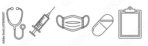Black outline vector icons of a stethoscope, syringe, face mask, pill, and clipboard, representing essential medical tools and supplies.