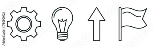 Black outline icons of a gear, light bulb, upward arrow, and flag representing settings, ideas, progress, and achievement.