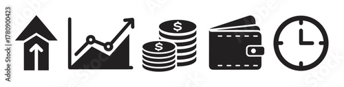Black icons of an upward arrow, a line graph, stacked coins, a wallet, and a clock representing growth, finance, and time management.