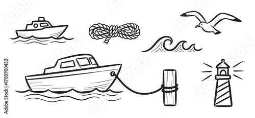 Black and white sketch of nautical elements including a boat, lighthouse, rope, wave, and seagull.