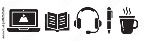 Black silhouette icons depicting a laptop, an open book, a headset with microphone, a pen, and a steaming coffee mug.