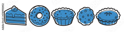 Hand-drawn blue dessert icons featuring a slice of cake, donut, muffin, a round pie, and a fruit tart with a simple black outline.