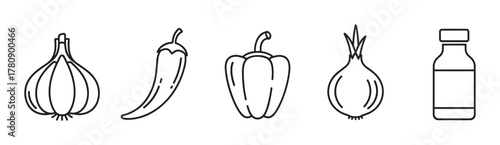Black outline icons of garlic, chili pepper, bell pepper, onion, and a bottle, representing common culinary ingredients and condiments.