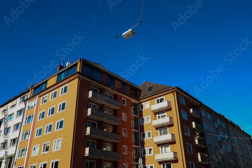 Colorful Residential Buildings in Munich under a Clear Blue Sky