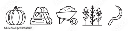 Black outline icons of a pumpkin, hay bales, wheelbarrow with mulch, cornstalks, and a sickle, representing agricultural themes.