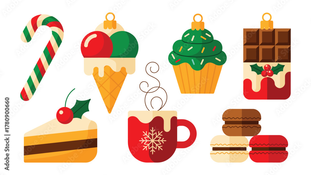 Fototapeta premium Sweet Delights Illustration: A delightful collection of festive desserts, including candy cane, ice cream, cupcake, and cake, arranged to capture the warmth and sweetness of the season. 