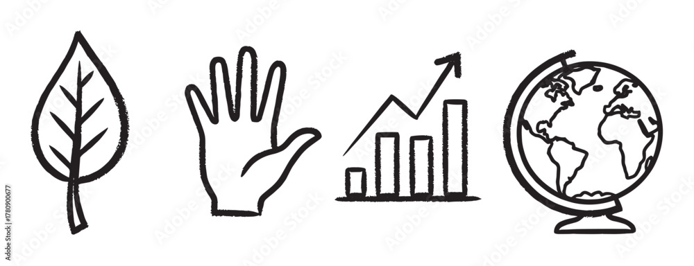 Fototapeta premium Simple black outline icons of a leaf, an open hand, a rising bar chart with an arrow, and a globe depicting continents.