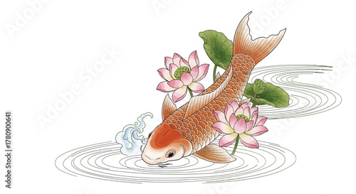 Elegant watercolor illustration of a koi fish adorned with lotus flowers in a pond serene artwork