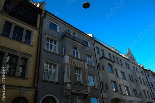 Colorful Residential Buildings in Munich under a Clear Blue Sky