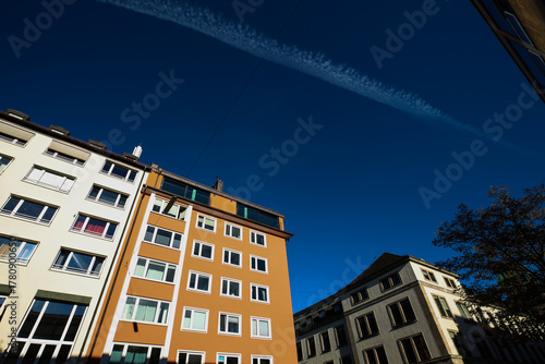 Colorful Residential Buildings in Munich under a Clear Blue Sky