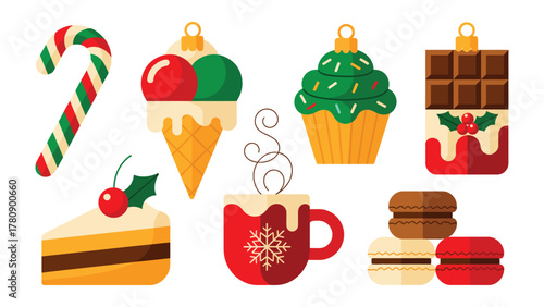 Sweet Delights Illustration: A delightful collection of festive desserts, including candy cane, ice cream, cupcake, and cake, arranged to capture the warmth and sweetness of the season. 