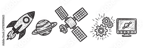 Hand-drawn sketch style icons featuring a rocket, planet, satellite, and computer with gears, symbolizing space exploration and technology.