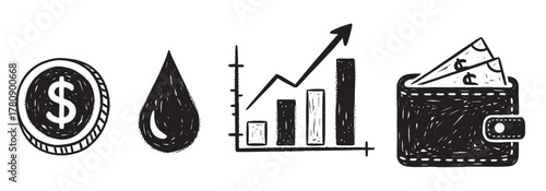 Hand-drawn black and white icons illustrating a coin, a droplet, a rising graph, and a wallet with cash, representing finance and business growth.