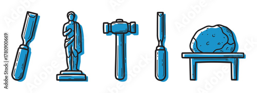 Blue and gray outlined tools and sculpture elements including chisels, statue, hammer, and a rock on a table, symbolizing artistic creation.