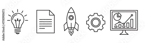 Black outline vector icons of a light bulb, document, rocket, gear, and computer screen with charts, representing innovation, planning, launch, engineering, and analysis.