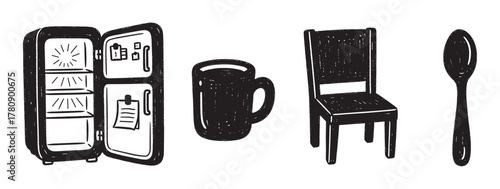 Hand-drawn black ink icon set featuring a refrigerator, coffee mug, wooden chair, and a spoon in a minimalistic style.