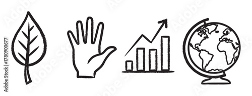 Simple black outline icons of a leaf, an open hand, a rising bar chart with an arrow, and a globe depicting continents.