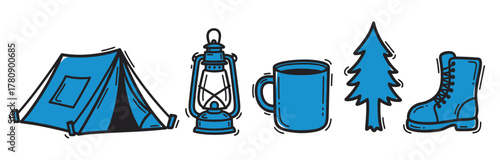 Blue and black outline illustrations of a tent, lantern, mug, tree, and boot, symbolizing camping and outdoor adventure themes.