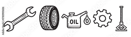 Black and white outline illustrations of a wrench, car tire, oil can, gear, and car jack, representing essential automotive tools and components.