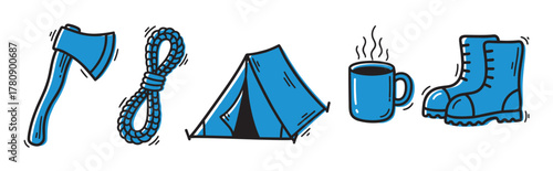 Blue outlined illustrations of an axe, rope, triangular camping tent, steaming mug, and hiking boots, ideal for outdoor adventure themes.