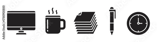 Black icons depicting a computer monitor, steaming coffee mug, stack of papers, pen, and clock, symbolizing a typical office environment.