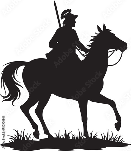 Black silhouette of a Roman soldier on horseback with sword