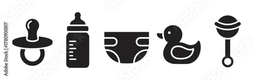 Black silhouette icons of a pacifier, baby bottle, diaper, rubber duck, and rattle, representing essential baby items.