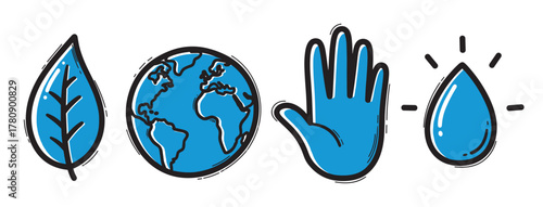 Four stylized blue icons including a leaf, earth, a hand, and a water droplet, each outlined with a black sketchy stroke.
