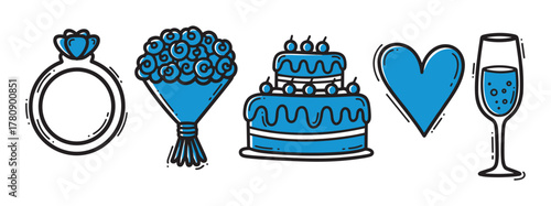Hand-drawn icons of a diamond ring, rose bouquet, tiered cake, heart, and champagne glass with a blue and black color scheme.
