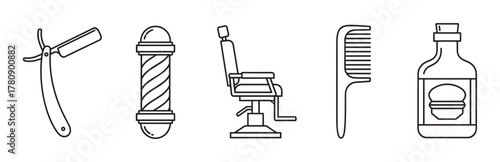 Black outline icons of a straight razor, barber pole, barber chair, comb, and tonic bottle. linear illustrations for barber shop and grooming concepts.