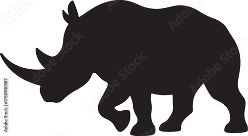Black silhouette of a walking rhinoceros on white background