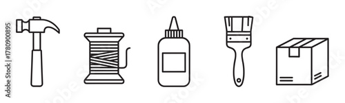 Black outline icons of a hammer, thread spool, glue bottle, paintbrush, and cardboard box representing various tools and supplies.