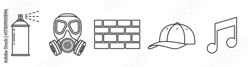 Black outline vector icons of a spray paint can, gas mask, brick wall, baseball cap, and musical note in a linear style.
