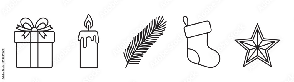Obraz premium Black outline icons of a gift box, candle, pine branch, stocking, and star, representing holiday decorations and festive elements.