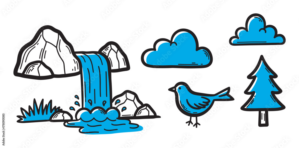 Naklejka premium Stylized illustration of a natural scene featuring a waterfall, birds, clouds, and trees in bold black outlines with blue accents.