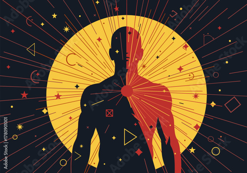 Cosmic silhouette of man with geometric shapes and radiant energy burst