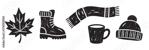 Black textured illustrations of a maple leaf, hiking boot, scarf, coffee mug, and winter hat on a white background.