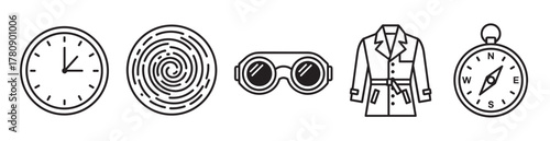 Linear black outline icons of a clock, fingerprint, goggles, trench coat, and compass for detective-themed concepts.