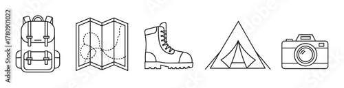 Black outline icons of a backpack, map, hiking boot, triangular camping tent, and camera, representing outdoor adventure and travel essentials.