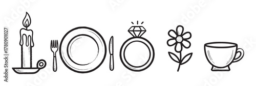 Black outlined drawings of a candle, dinnerware, diamond ring, flower, and teacup in a linear arrangement.