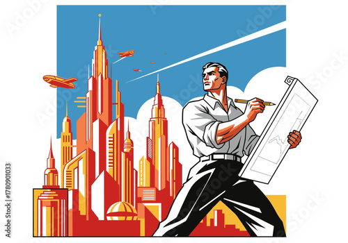 Futuristic architect sketching skyscraper skyline with airplanes in vintage style